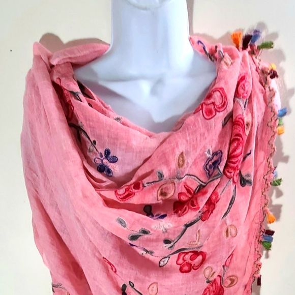 Hand Crafted Accessories - Beautiful light red hand embroidered scarf. Women's